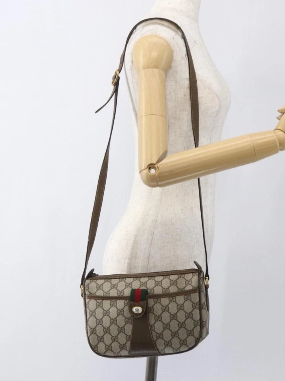 GUCCI GG Supreme Web Sherry Line Bag PVC Beige Gold